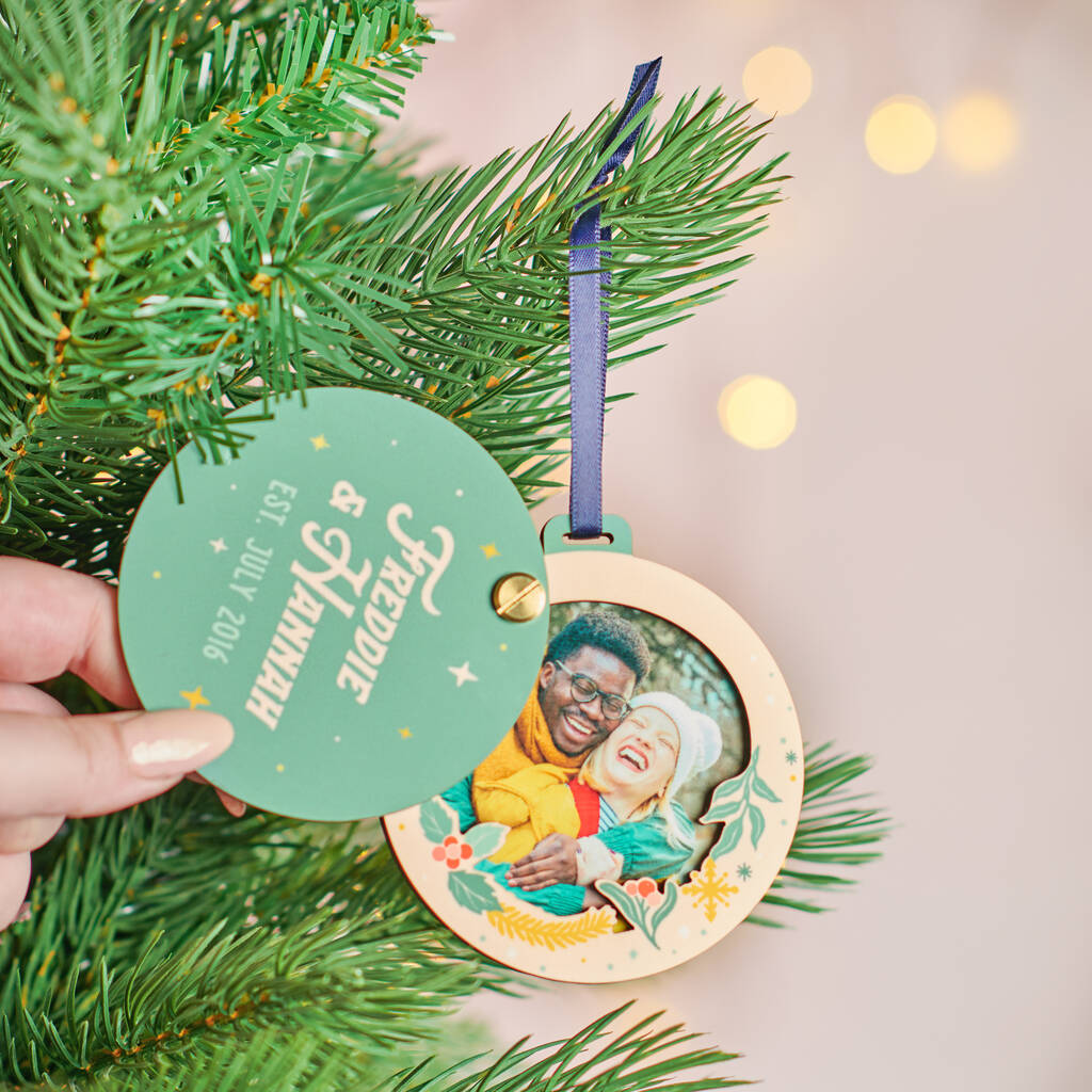Oakdene Designs Christmas Decorations Personalised Couples Wooden Photo Swivel Christmas Decoration