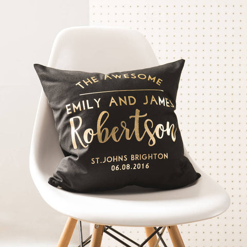 Oakdene Designs Cushions Personalised Black And Gold Wedding Cushion