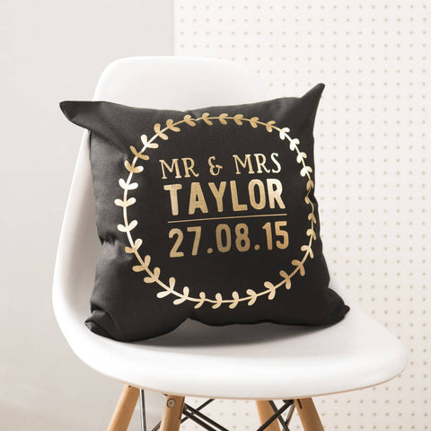Oakdene Designs Cushions Personalised Black And Gold Wedding Details Cushion