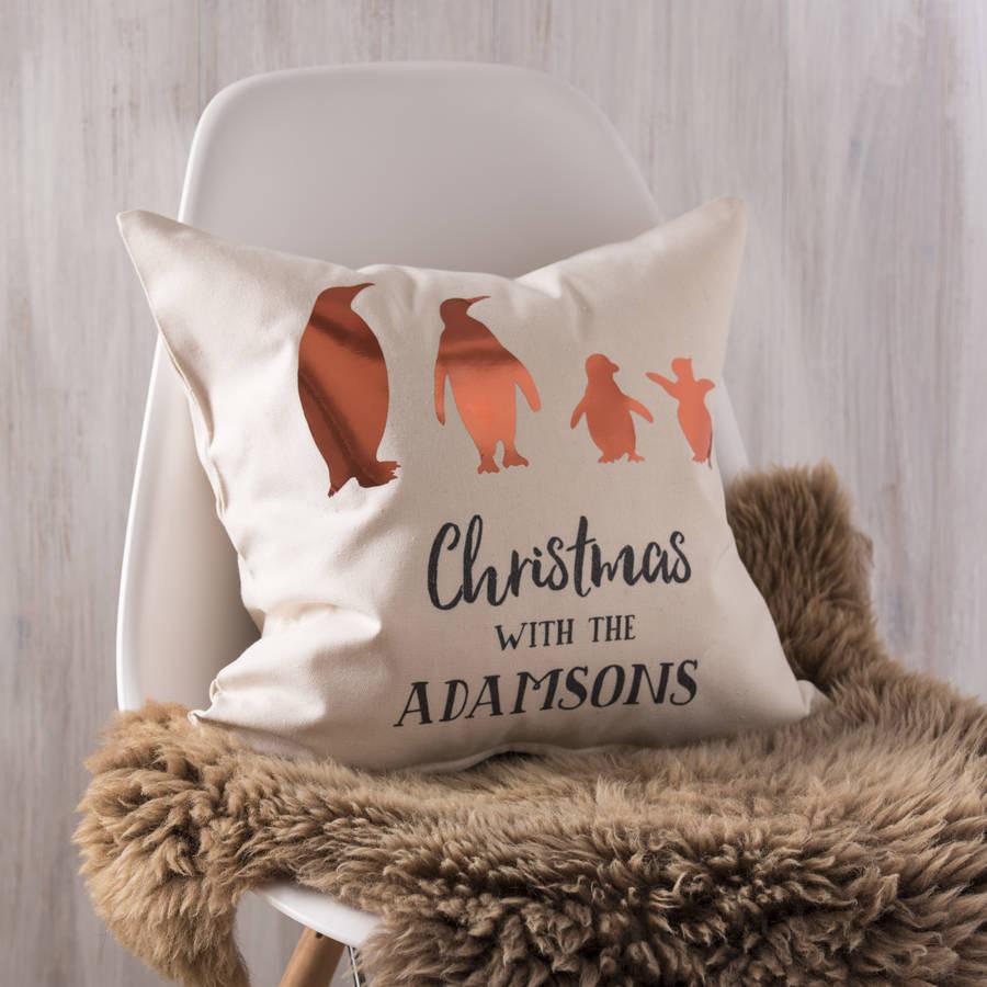Oakdene Designs Cushions Personalised Copper Family Penguin Cushion