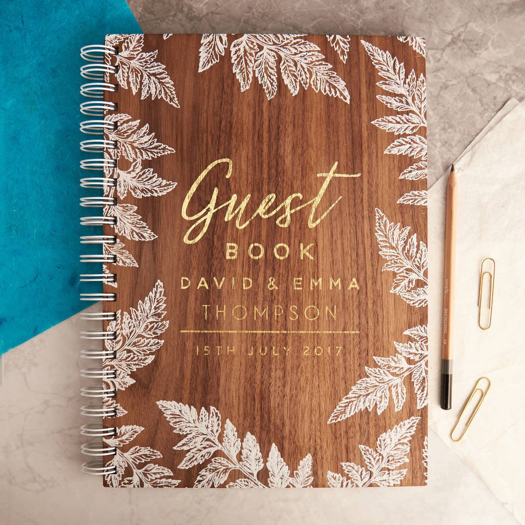 Oakdene Designs Notebooks Personalised Gold Botanical Walnut Wedding Guest Book
