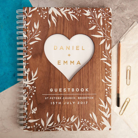 Oakdene Designs Notebooks Personalised Gold Walnut Heart Wedding Guest Book