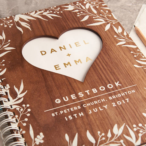 Oakdene Designs Notebooks Personalised Gold Walnut Heart Wedding Guest Book