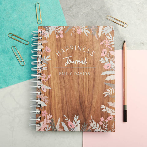 Oakdene Designs Notebooks Personalised Happiness Walnut Journal Notebook