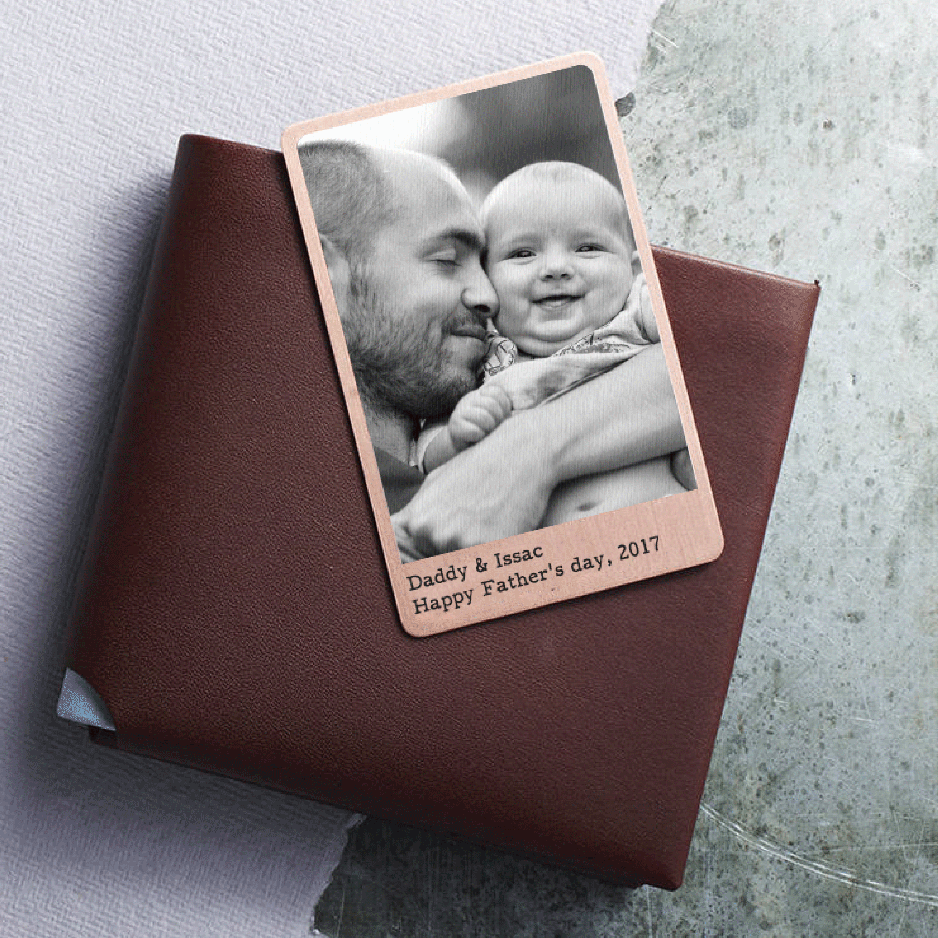 solid copper wallet card with father and son