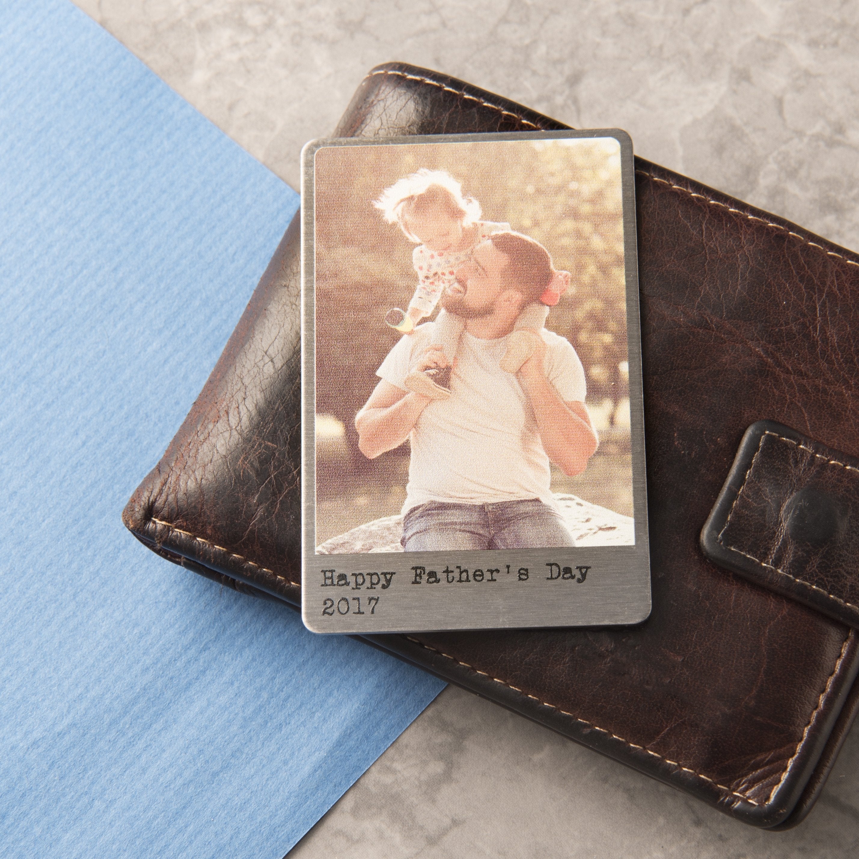 stainless steel wallet card with picture of dad and daughter