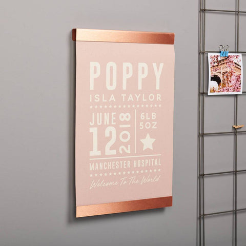 Oakdene Designs Prints Personalised Baby Details Copper And Canvas Print