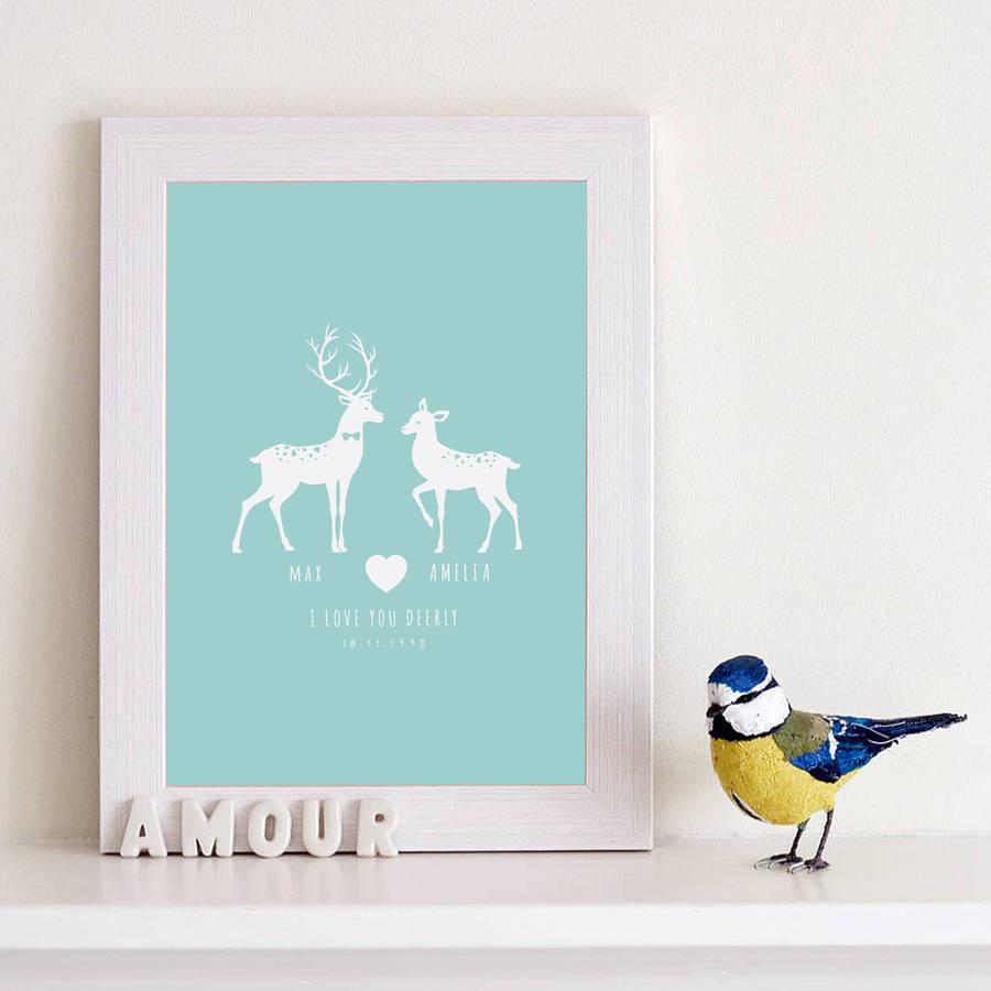 Personalised 'I Love You Deerly' Couples Print - Oakdene Designs - 1