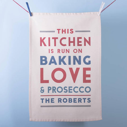 Oakdene Designs Tea Towels 'This Kitchen Runs On' Personalised Tea Towel